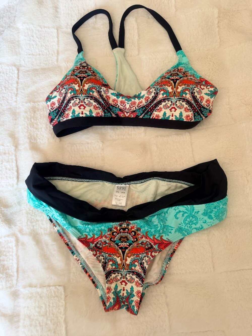 SKYE "Vivi Mercedes" High Neck Crop Bikini Top & Mid-Waist Bikini Bottom Sz Med